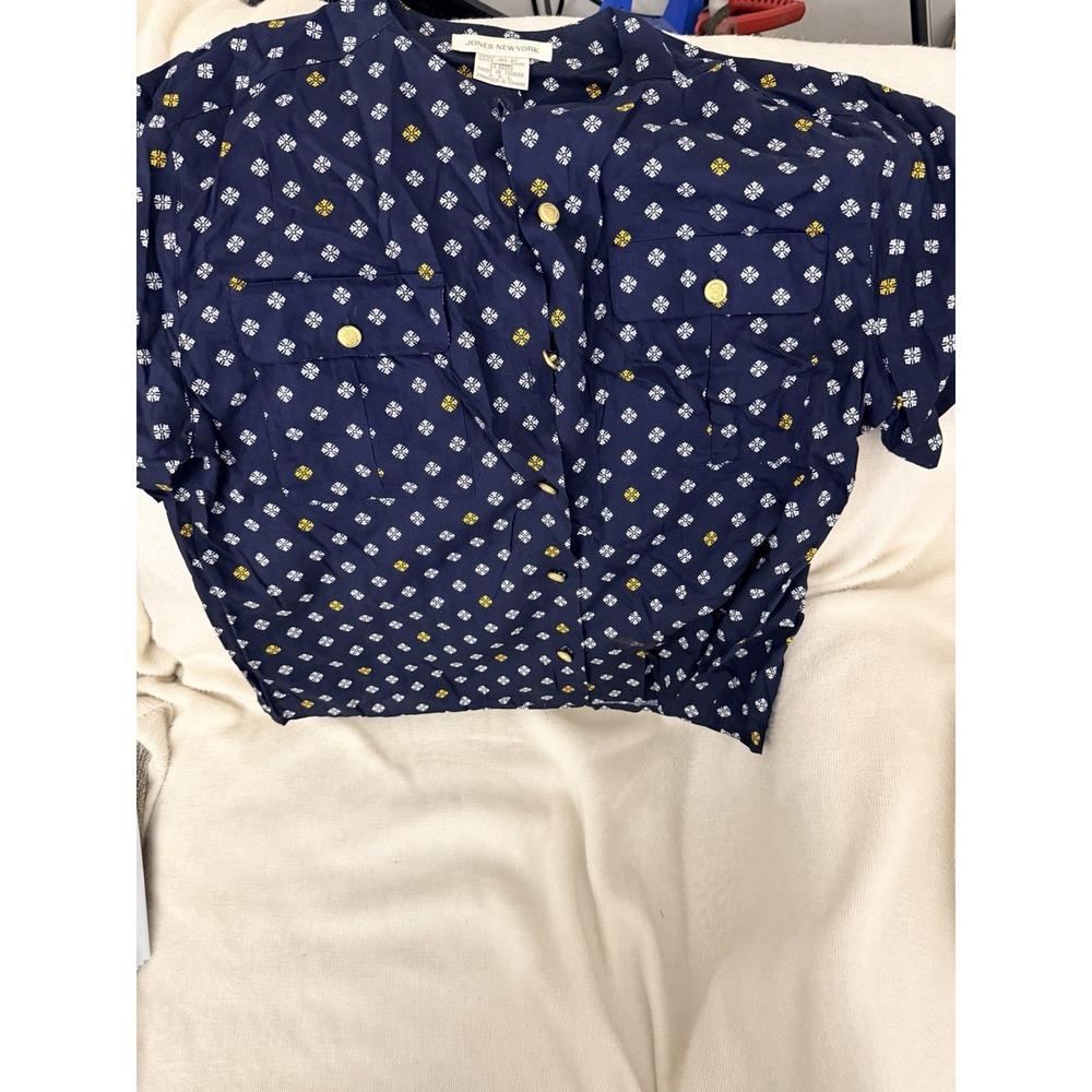 Jones New York Blouse Womens 10 Navy Blue Geometric Short Sleeve Vintage Rayon